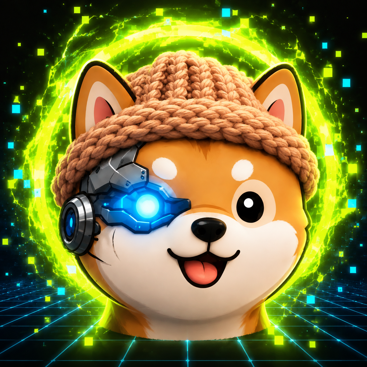 Artificial Wif Inu emerging from a neon portal